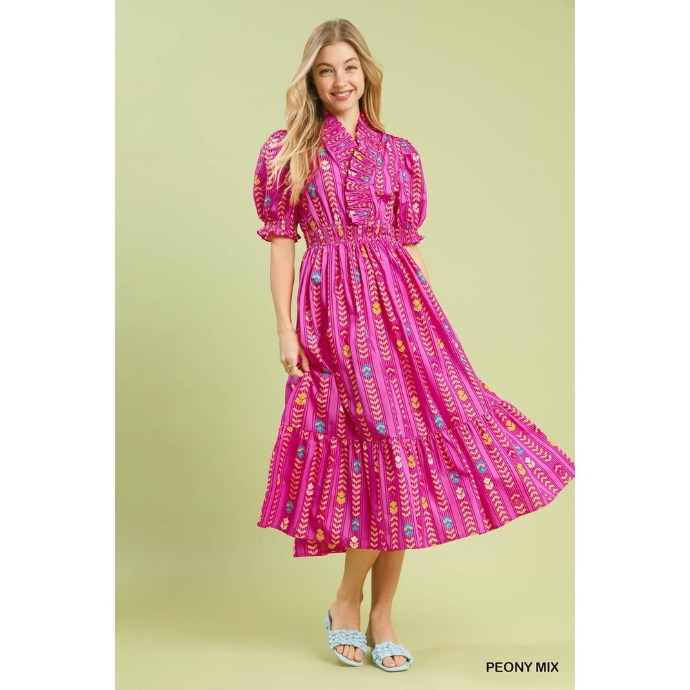 Umgee Vibrant Ruffle Smocked Midi Dress - Peony Mix - Large - Picture 4 of 4